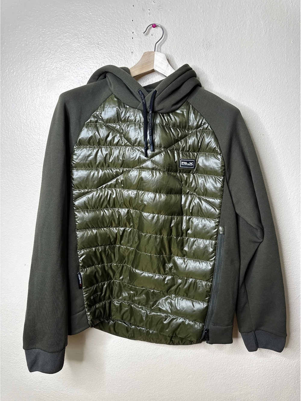 RLX Ralph Lauren Hybrid Down Hooded Jacket Olive Green Full Zip Men’s L - Picture 1 of 9